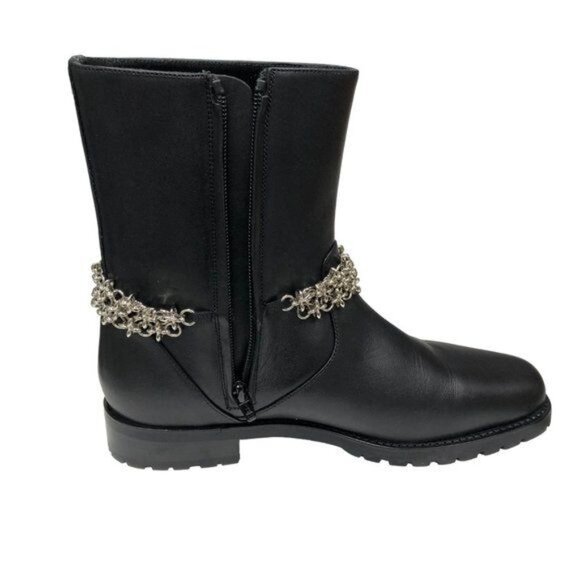 Manolo Blahnik Black Leather Ankle Boots With Silver Chain 7.5 - Picture 3 of 16